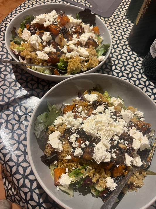 Fresh Greens with Crisped Quinoa, Grilled Sweet Potato, Feta & Crispy Chilli Oil