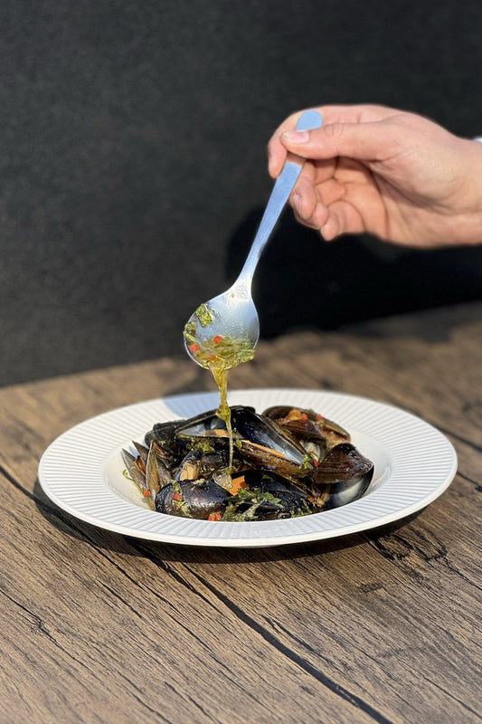 Firepit Mussels with Herby Chimichurri